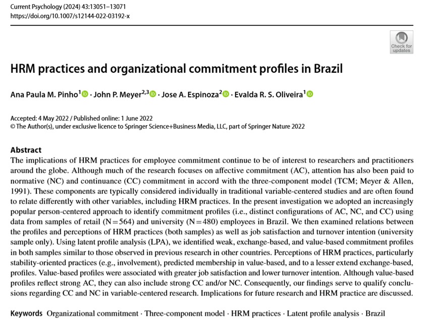 Artigo sobre Perfis de Comprometimento Organizacional é publicado em periódico internacional